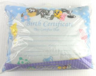 Vintage Baby Looney Tunes Birth Certificate Pillow Bugs Bunny Taz Tweety Bird