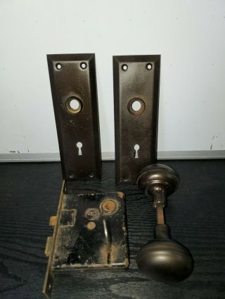 Vintage Antique Penn Mortise Door Lock With Key And Door Plates & Knobs