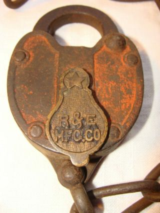 Lg.  Antique Cast Iron B.  &E.  MFG.  CO.  PADLOCK w brass swing keyhole cover 2