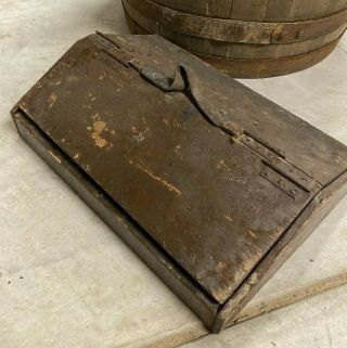 Antique Carpenter Tool Box Wood Lid Leather Strap Handle Wooden Compartment Sort