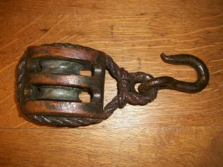 Antique Wooden Double Block Pulley With Rope And Metal Hook