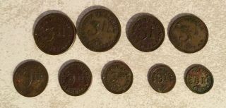 Vintage 9 Apothecary Pharmacy Coin Weights,  Drachm & Scruples.  1940 