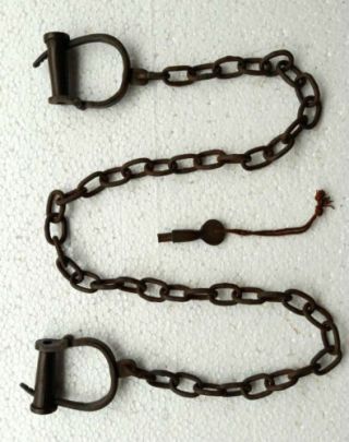 Old Vintage Antique Handcrafted Iron Long Chain Lock Handcuffs,  Collectible