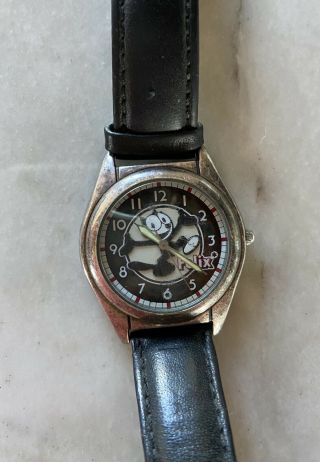 Vintage Felix The Cat Black Fossil Leather Watch