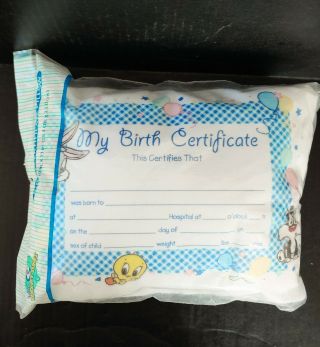 Vintage Baby Looney Tunes Birth Certificate Pillow In Bag Tweety Bugs Bunny