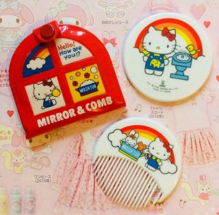 Sanrio Vintage 1976 Hello Kitty Mirror & Comb In Window Case Rainbows And Bubble