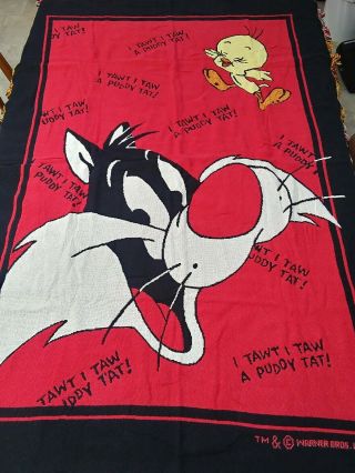 1993 Looney Tunes Sylvester & Tweety Bird Fringed Blanket 56 " X 64 "