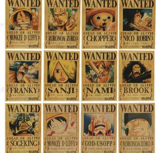 12pcs One Piece Pirates Wanted Vintage Retro Kraft Paper Antique Poster