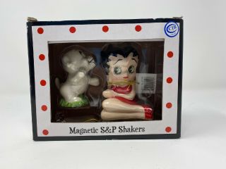 Betty Boop And Pudgy Kiss Magnetic Salt And Pepper Shakers - Hand Painted Ceramic