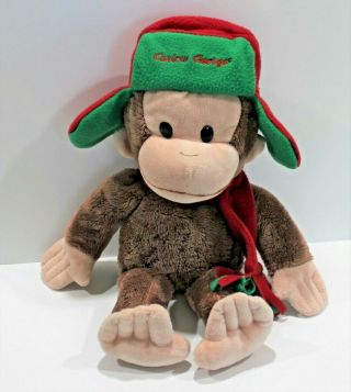Curious George Monkey Red Green Hat Flaps Scarf Stuffed Plush Doll 16 " Gund