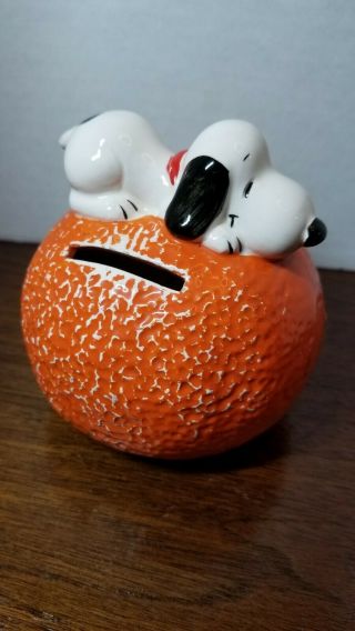 Vintage 1966 Ceramic Peanuts Snoopy On An Orange Bank Ufs
