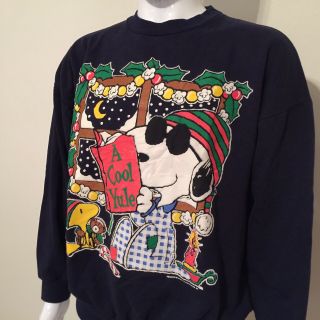 Rare Vtg Snoopy Peanuts Joe Cool Yule Christmas Woodstock Sweatshirt Men’s L/xl