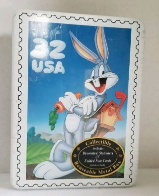 Vintage Bugs Bunny Stationary Tin Looney Tunes 1997 Cards Envelopes