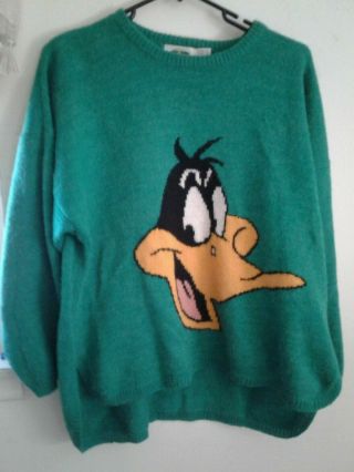 Vintage Looney Tunes Daffy Duck Sweater Size L Emerald Green Warner Brothers