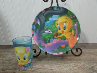 Tweety Bird Plate 8 " 2000 Warner Bros.  Studio Store & Tweety Juice Cup Trudean
