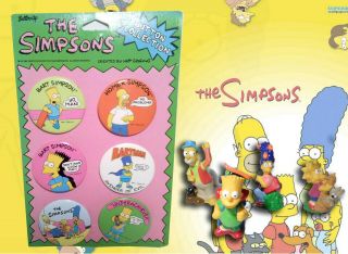 The Simpsons Go Camping Set Burger King Figurines & Vintage Buttons Pins Set