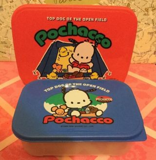 Two Rare Vintage Sanrio 1989,  1996 Pochacco Bento Boxes Lunch Box Plastic