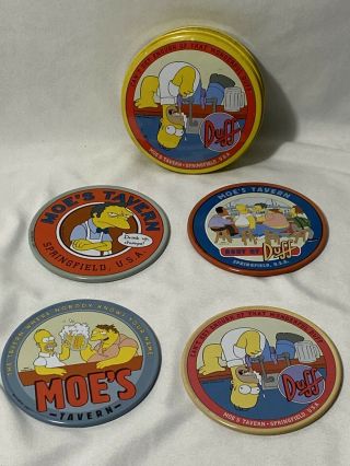 The Simpsons Duff Beer 4 Coaster Set In Tin 2001 Cletus,  Moe,  Homer,  Duffman