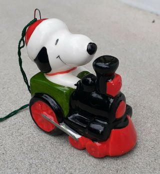 Vintage Japan Peanuts Snoopy On Train Ceramic Christmas Ornament