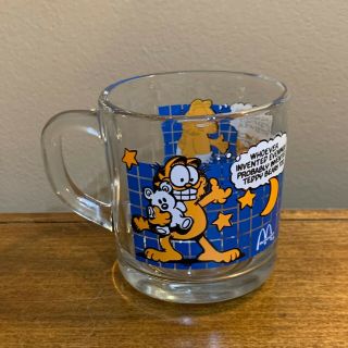 Vintage 1987 Mcdonalds Garfield Anchor Hocking Clear Glass Blue Coffee Mug