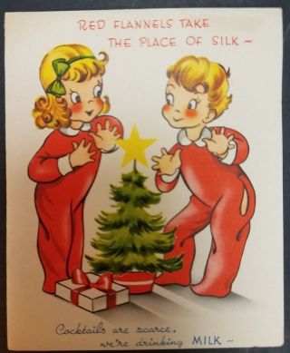 Vintage 1940s Christmas Card Boy Girl Christmas Tree World War Ii Rationing