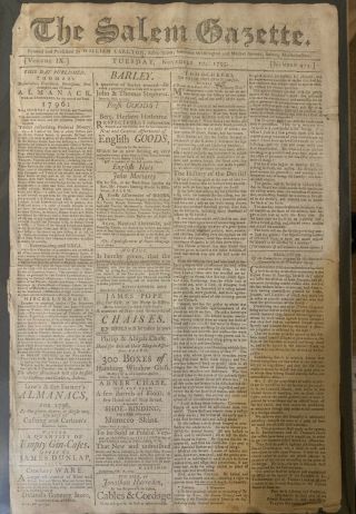 The Salem Gazette,  November 10th 1795 Newspaper Print By William Carlton.