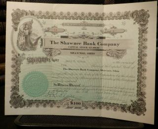 Shawnee Bank Company Of Shawnee Ohio Stock Certificate,  1923 - 5 Shares