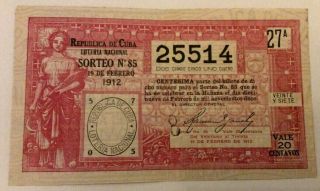 Republica De Cuba 1912 Loteria Nacional Cuban National Lottery Ticket