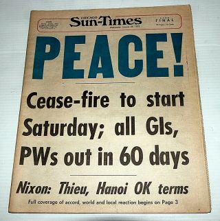 Chicago Sun Times Jan 24 1973 Peace Cease Fire End Of Vietnam War Newspaper