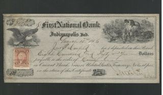 1866 First National Bank,  Indianapolis Ind Deposit Certificate W/revenue Stamps