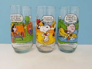 Vintage Camp Snoopy Charlie Brown Glasses Mcdonalds 1965 - 1971 Set Of 3 Euc