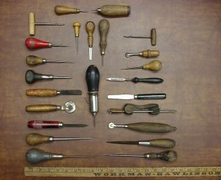 Old Tools,  24 Vintage & Antique Wood Handle Tools,  Carpenter,  Cobbler,  Graver