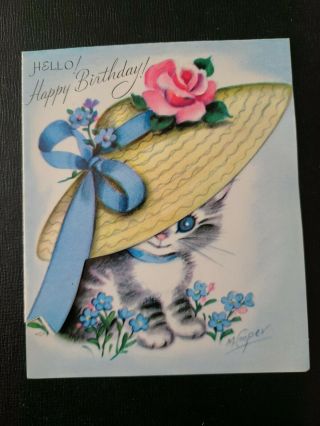 Vtg Rust Craft Birthday Greeting Card M.  Cooper Kitten Straw Hat Pink Roses
