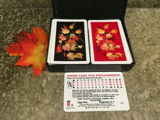 Vintage Kem Double Deck Plastic Playing Cards Maple Leaf Red Black Floral