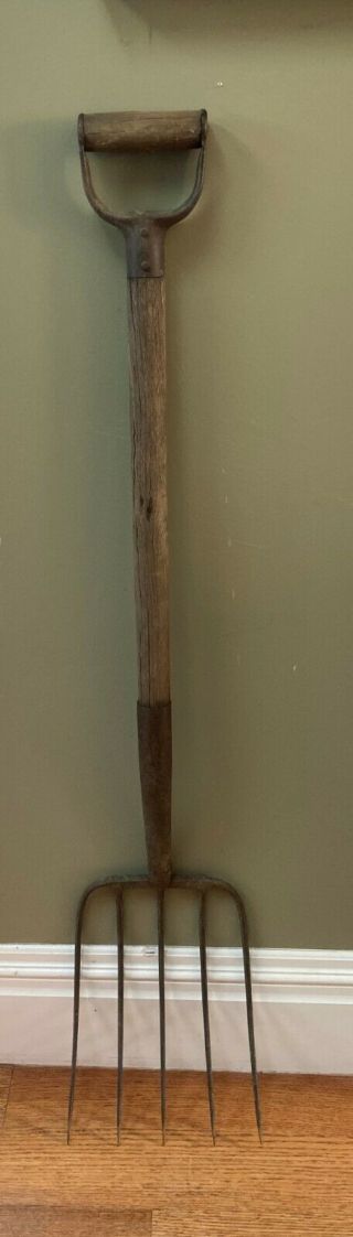 Vintage 5 - Tine Prong Hay Pitch Fork 44 " Wooden Primitive Decor Useful Tool Solid