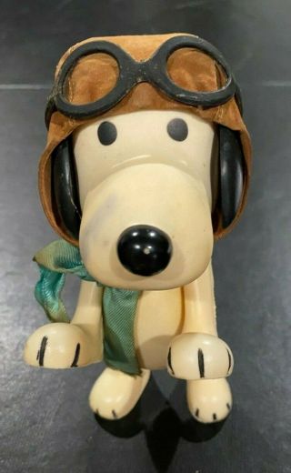 Vintage 1966 Snoopy Ww1 Aviator Pilot Flying Ace Red Baron Figure Goggles & Cap