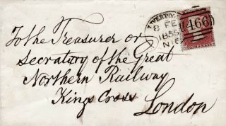 1855 Qv Liverpool Spoon On Cover With A 1d Red Stamp To Great Northern Railway