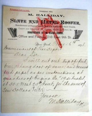 1898 Antique M.  Halliday Ny Slate Metal Roofer Letterhead Handwritten Letter