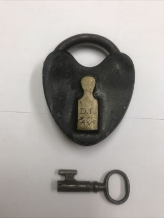 Antique D.  M.  & Co.  Civil War Era Heart Shape Pad Lock & Key
