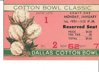 1951 Cotton Bowl Football Ticket Stub - Tennessee Vs Texas