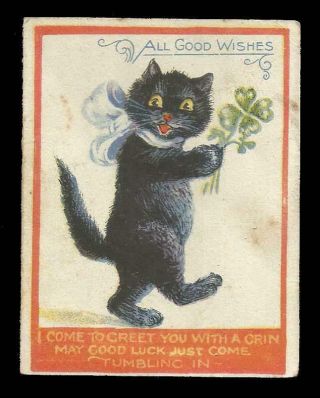V30 - Lucky Dancing Black Cat With 4 - Leaf Clover - Vintage Folding Xmas Card