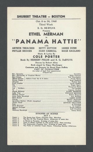 Ethel Merman " Panama Hattie " Cole Porter / Betty Hutton 1940 Tryout Broadside