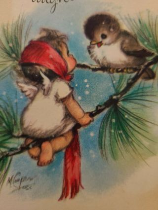 Vtg Rust Craft Christmas Greeting Card M.  Cooper Angel Pine Branch Sparrow 1950s