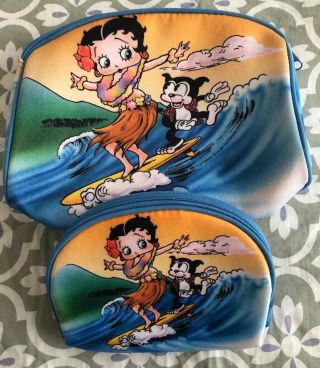 Vintage Betty Boop & Pudgy Surfing Set Of 2 Cosmetic Bags Salamander 8x10 7x7