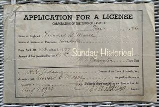 1926 Application For A Huckster License Town Of Eastville Va Peddler Oysters