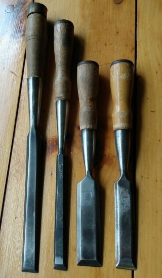 4 Antique Vintage Wood Handle Socket Style Beveled Chisels Craftsman Dunlap