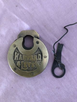 Old Brass Round Pancake Push Padlock Lock Harvard 4 Lever With A Key.