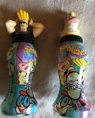 Bellywashers Johnny Bravo & Cow From Cow & Chicken - 2 Plastic Drink Bottles