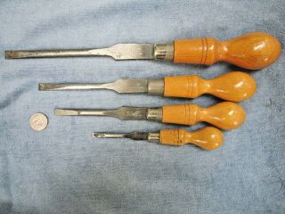 Set Of 4 English Made Screwdrivers W/ Flat Shaft For Wrench Turning - Footprint