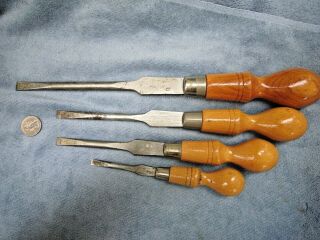 SET OF 4 ENGLISH MADE SCREWDRIVERS w/ FLAT SHAFT FOR WRENCH TURNING - FOOTPRINT 2